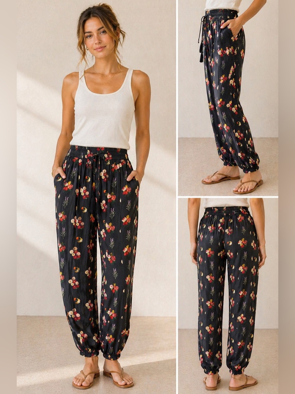 Carolina K Silk Floral Jogger Pants Black Multicolor Tassel Tie Size S
